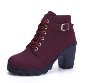 Fashoin Leopard Print Ankle Square Heel Suede Lace-up Zip Boots Women Casual Versatile Shoes Autumn And Winter (Option: Wine Red-37)