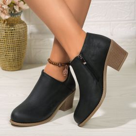 Chunky Heel Round Toe Ankle Boots With Side Zipper Design Fashion Fall Winter Short Boots For Women Shoes (Option: Black-42.)