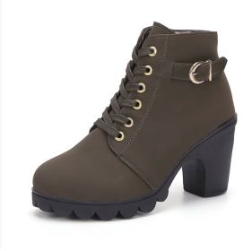Fashoin Leopard Print Ankle Square Heel Suede Lace-up Zip Boots Women Casual Versatile Shoes Autumn And Winter (Option: Army Green-35)